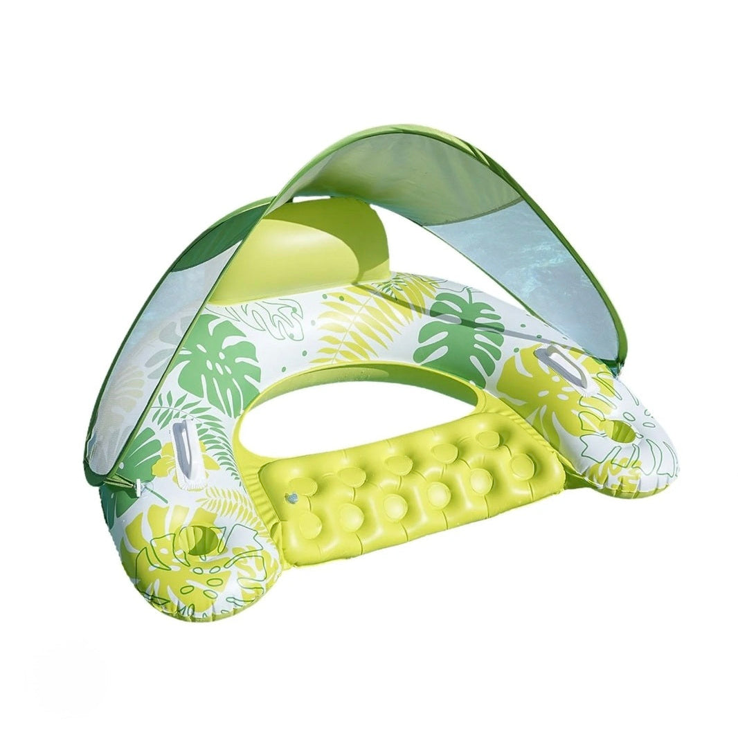 Inflatable pool float with canopy and leaf pattern on a white background