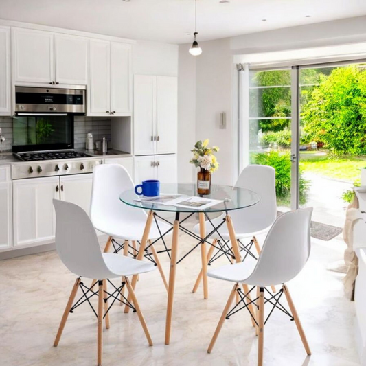 Round Glass Dining Table Set with Wooden-Leg Chairs (5-Piece Set)