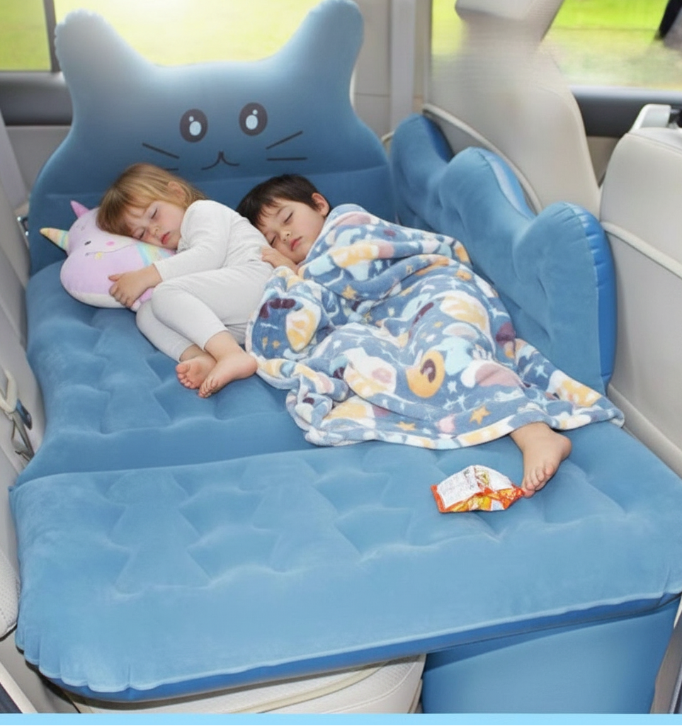 Blue inflatable car seat cover with cartoon design on a car seat