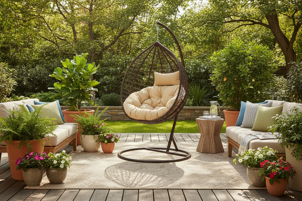 Wicker hanging chair with beige cushion on a white background