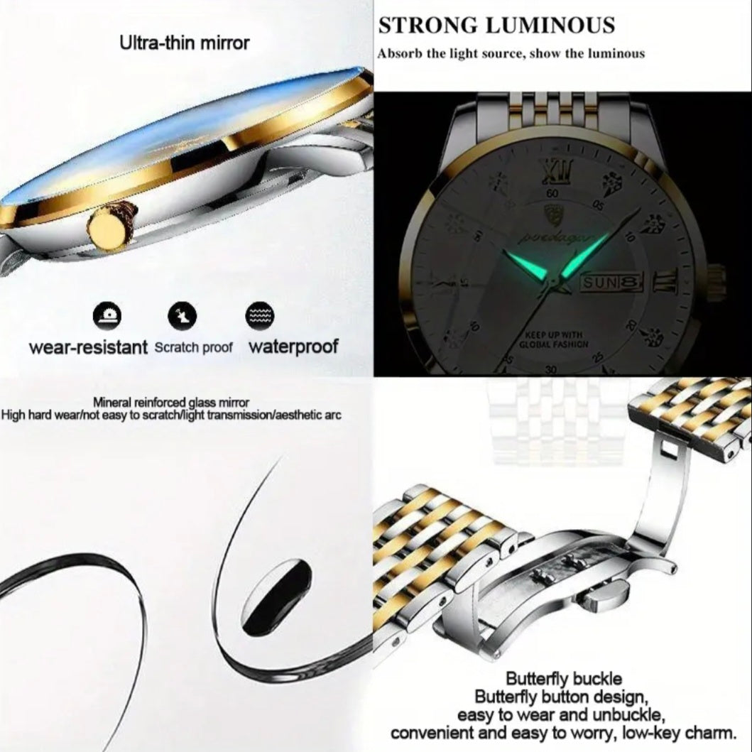Watch with metallic band and features highlighted on a white background