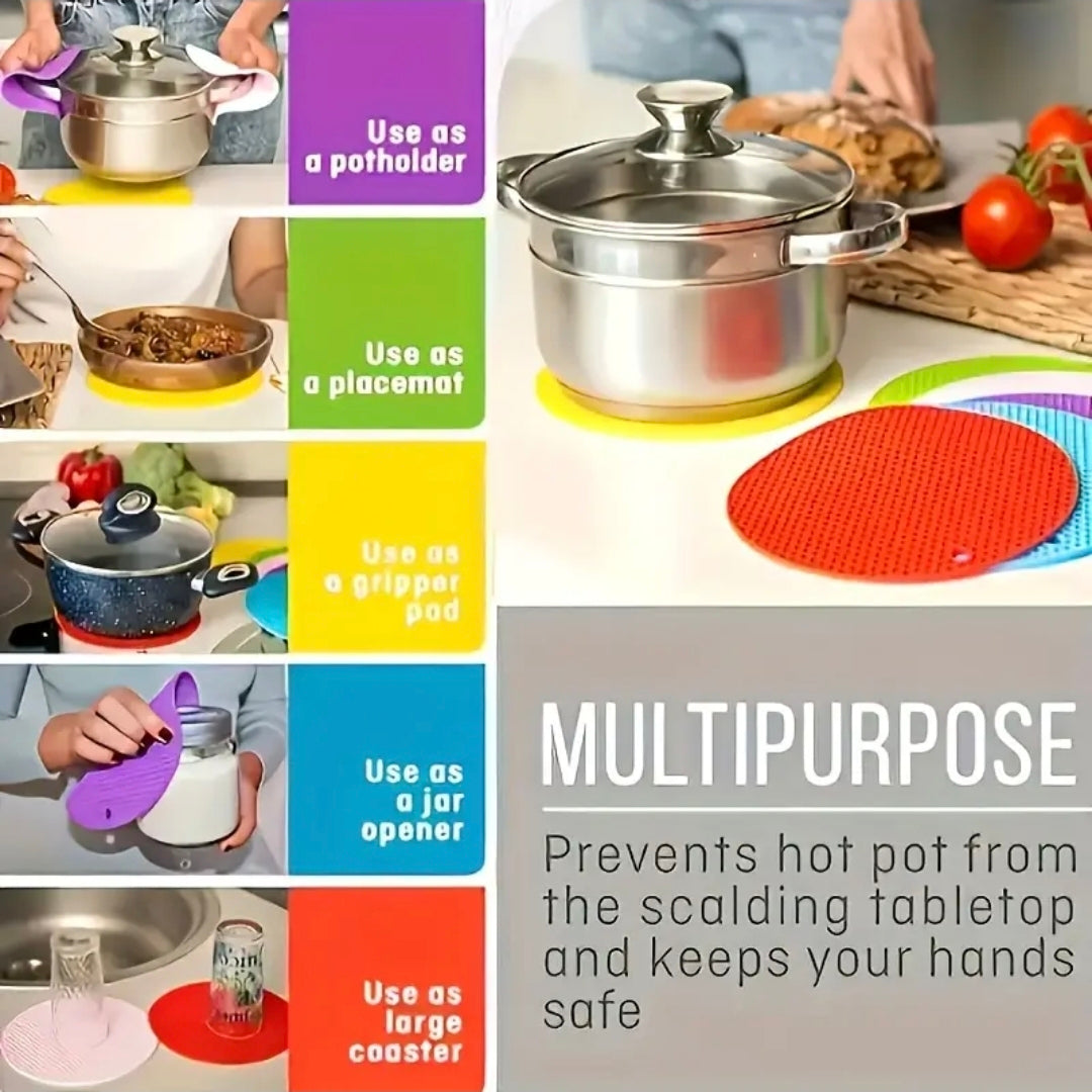 Multifunctional kitchen tool used as a pot holder, placemat, gripper pad, jar opener, and coaster with text on its benefits.