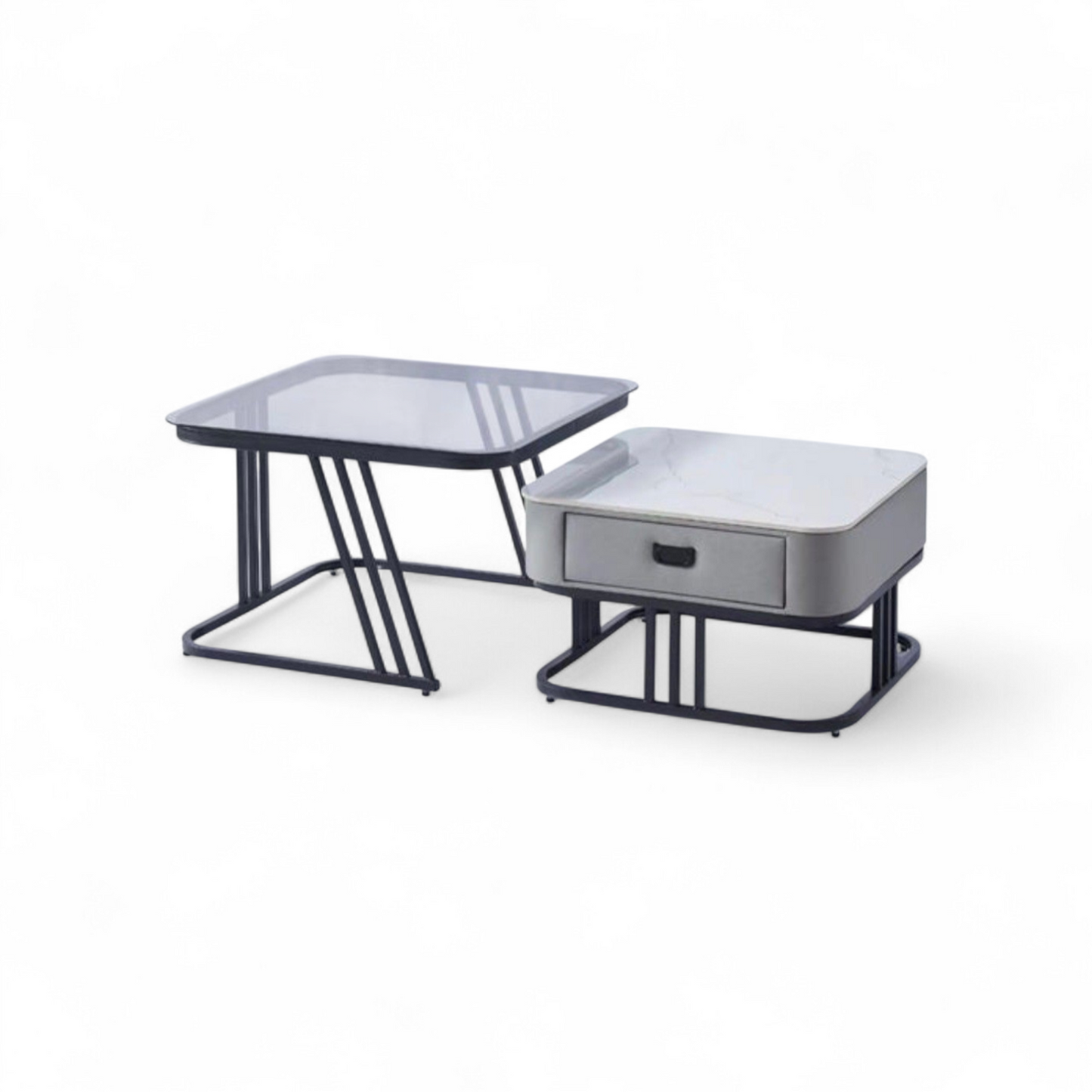 Elegant Nesting Square Glass Top & Marble Top Drawer Table