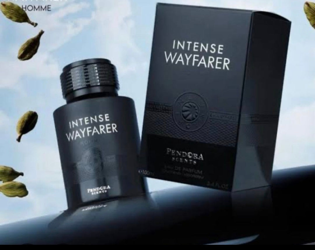 Perfume bottle and packaging of 'Intense Wayfarer' by Pandora Mente on a reflective surface with a blurred natural background.