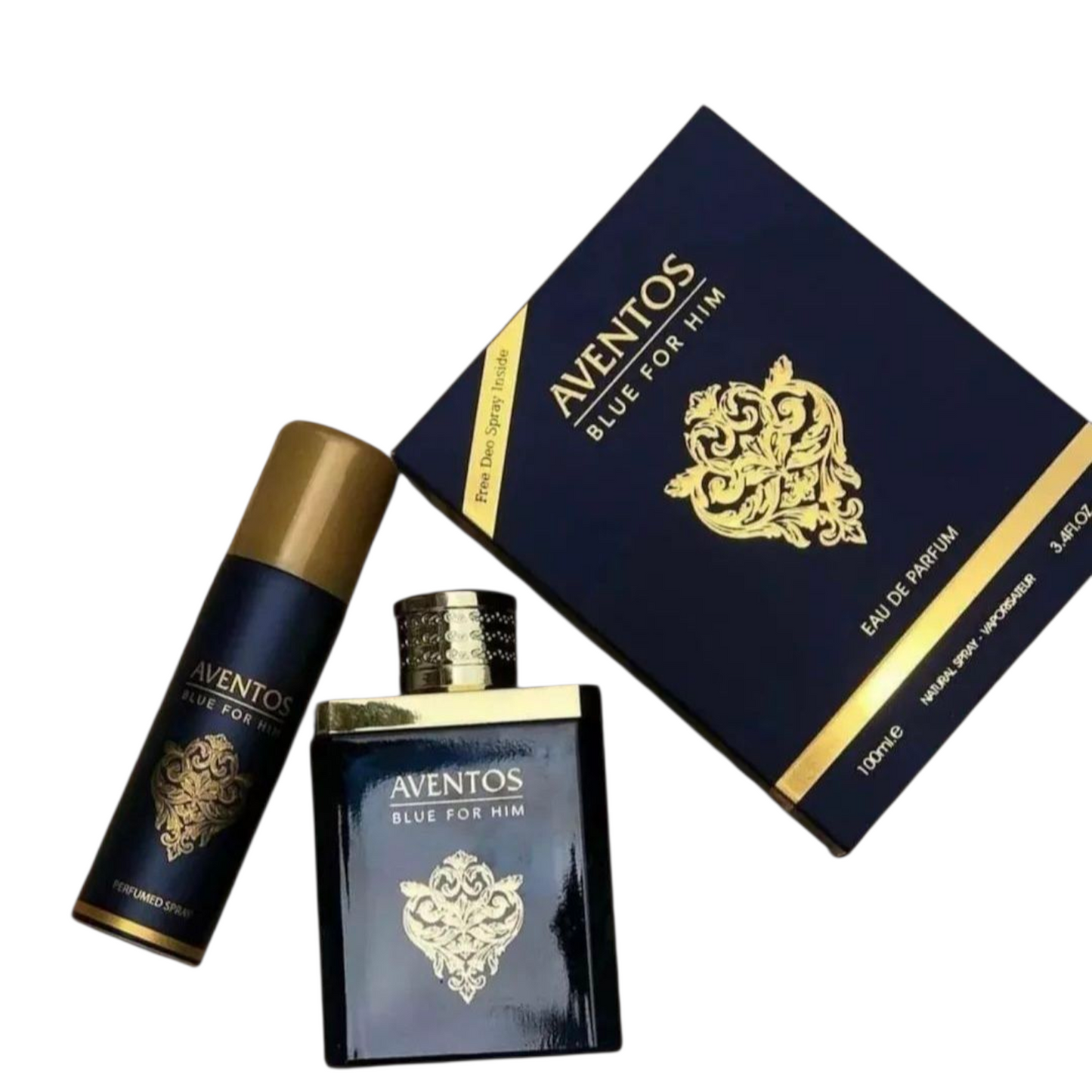 Aventos Blue for Him perfume bottle and packaging on a white background