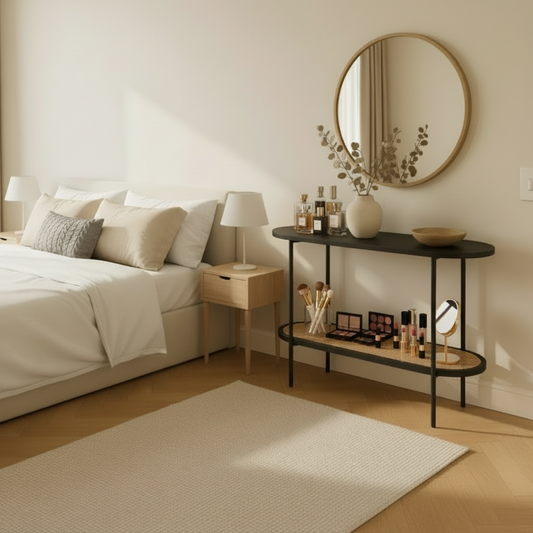 Modern bedroom with round mirror, nightstands, and a console table.