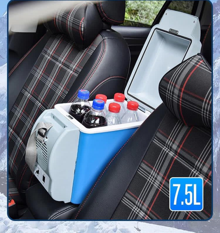 7.5L cooler bag with drinks inside a car, plaid seat covers.