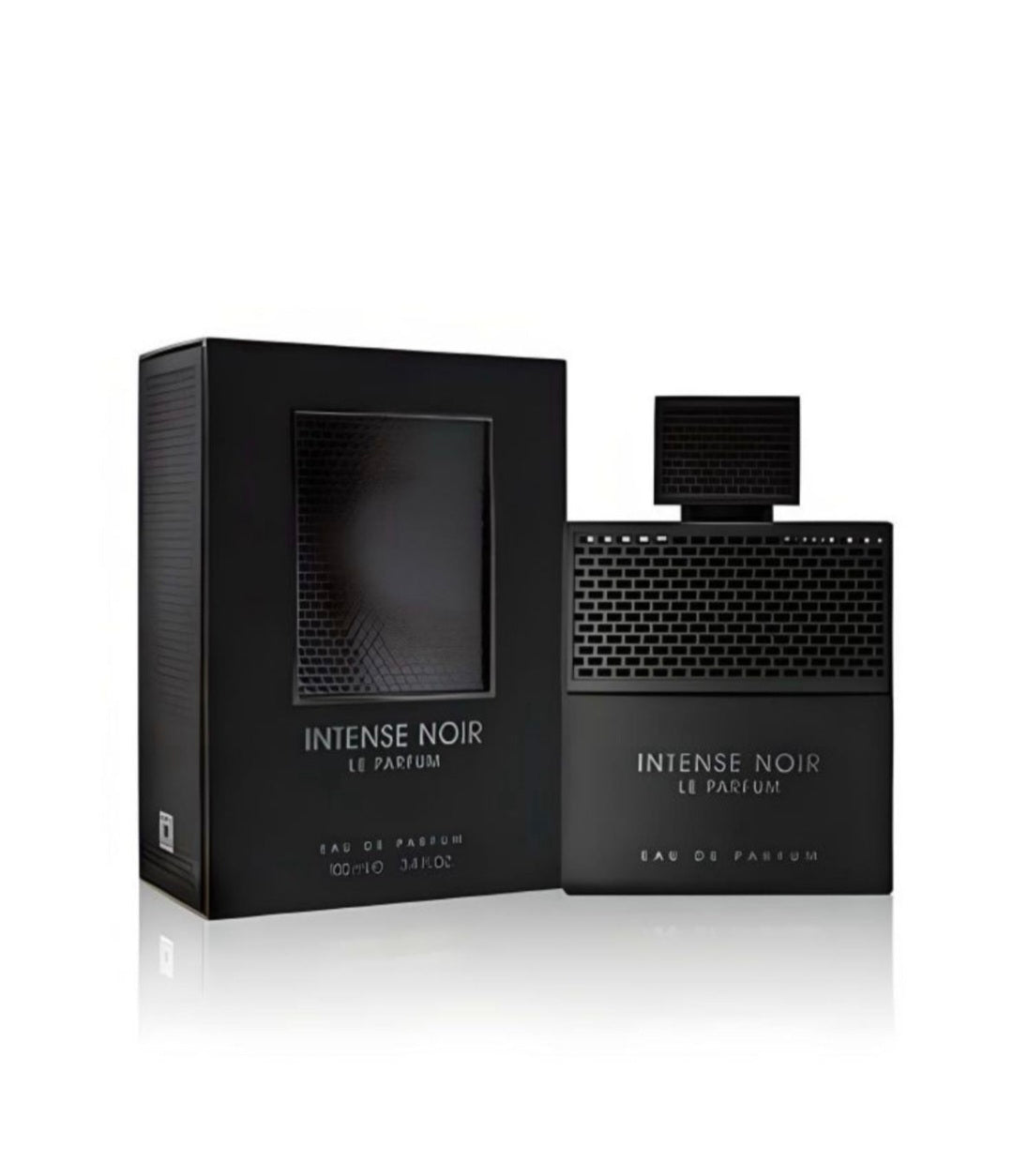 Black 'Intense Noir' perfume bottle and packaging on a white background