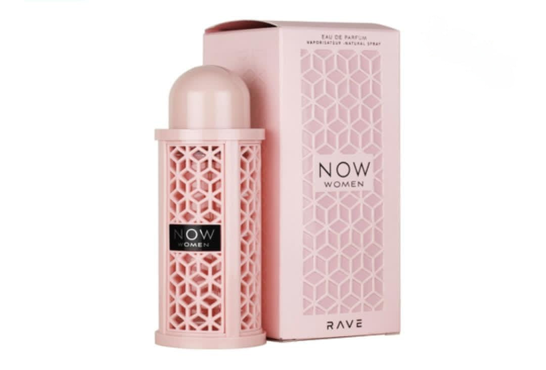 Pink perfume bottle and packaging with 'NOW Women' branding on a white background