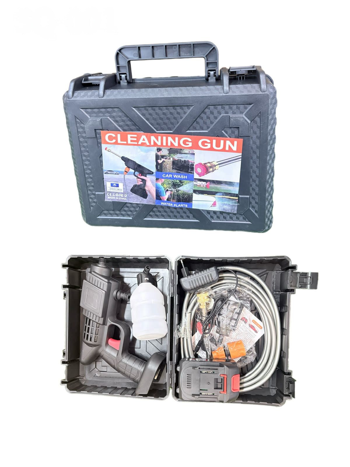 Cleaning gun set with case on a white background