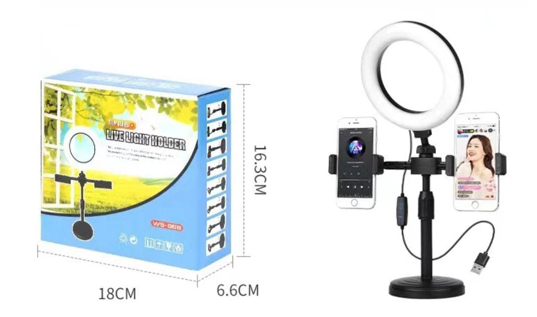 Ring light with smartphone holder, packaging, and dimensions displayed on a white background