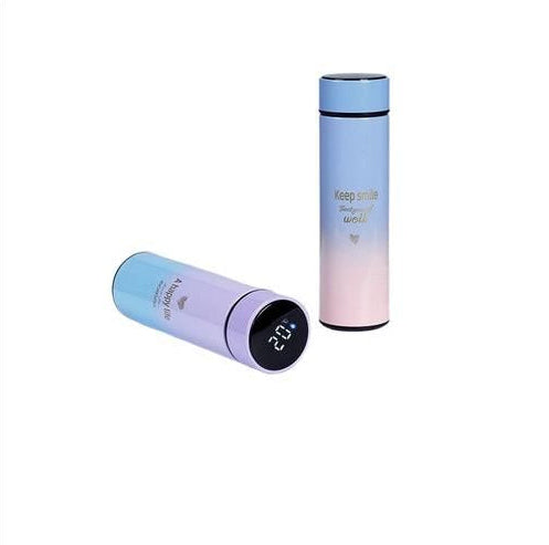 Gradient-purple thermo flask with digital display on a white background