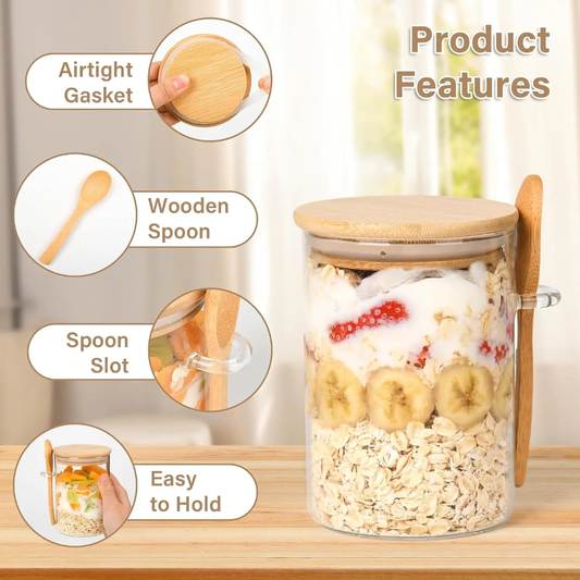 Glass jar with wooden lid and spoon, featuring product features on a blurred background.