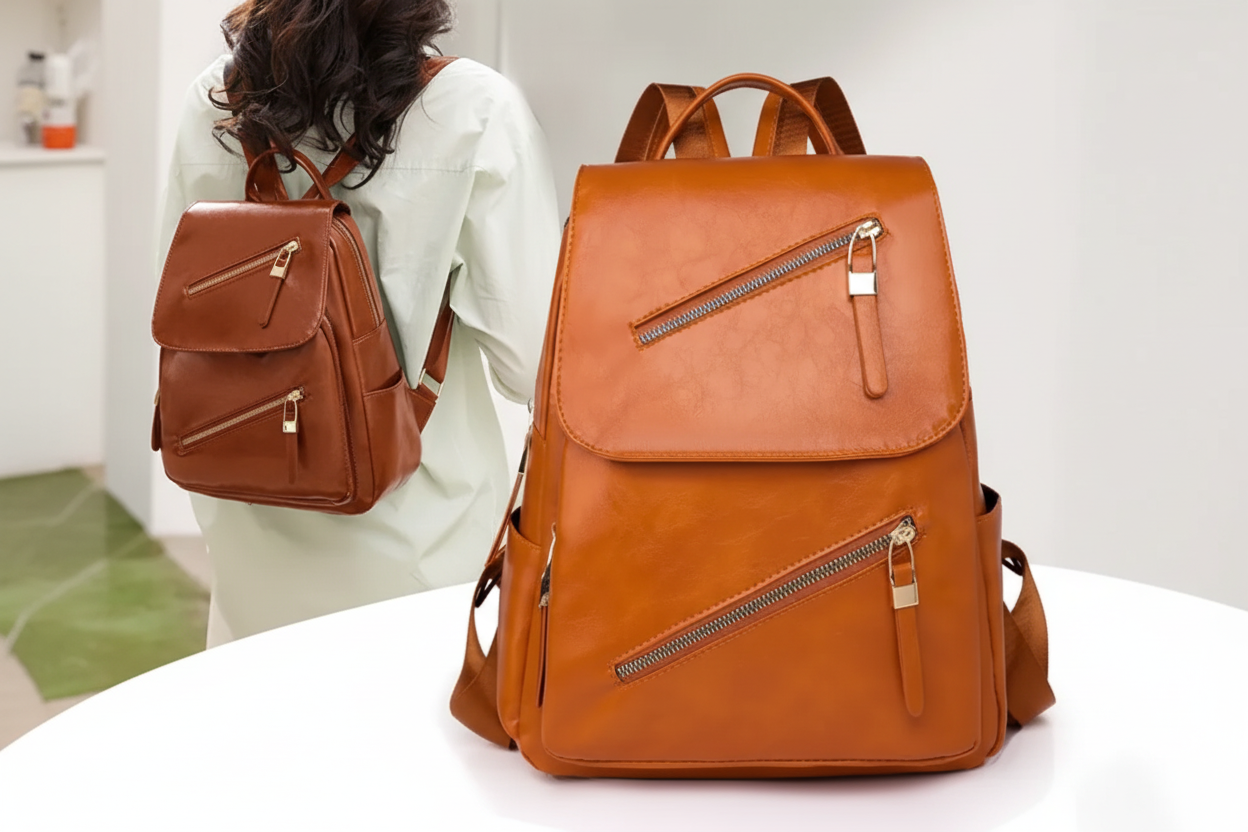 Brown leather backpack with gold zippers on a white surface, with a person wearing a black backpack in the background.