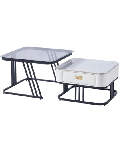 Elegant Nesting Square Glass Top & Marble Top Drawer Table