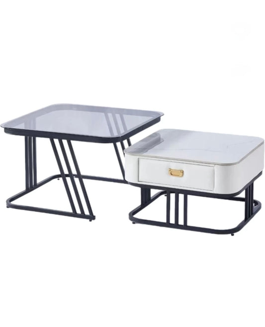 Elegant Nesting Square Glass Top & Marble Top Drawer Table
