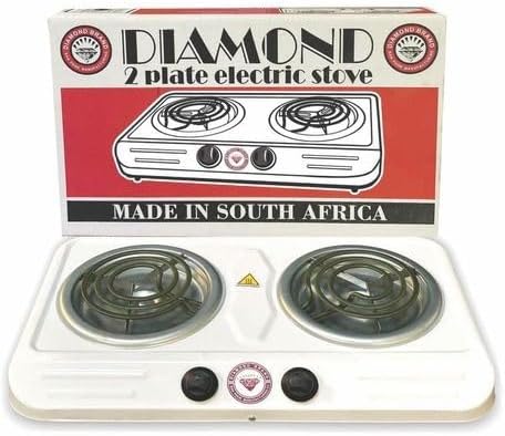 Diamond 2 plate electric stove with packaging indicating 'Made in South Africa'.