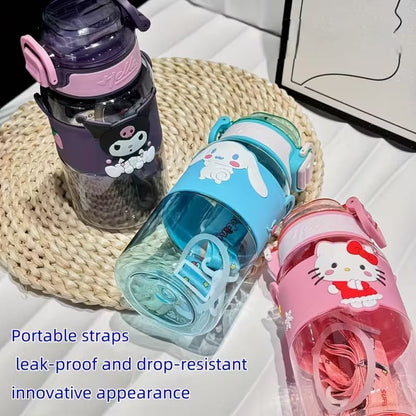 Three colorful water bottles with portable straps on a woven mat.