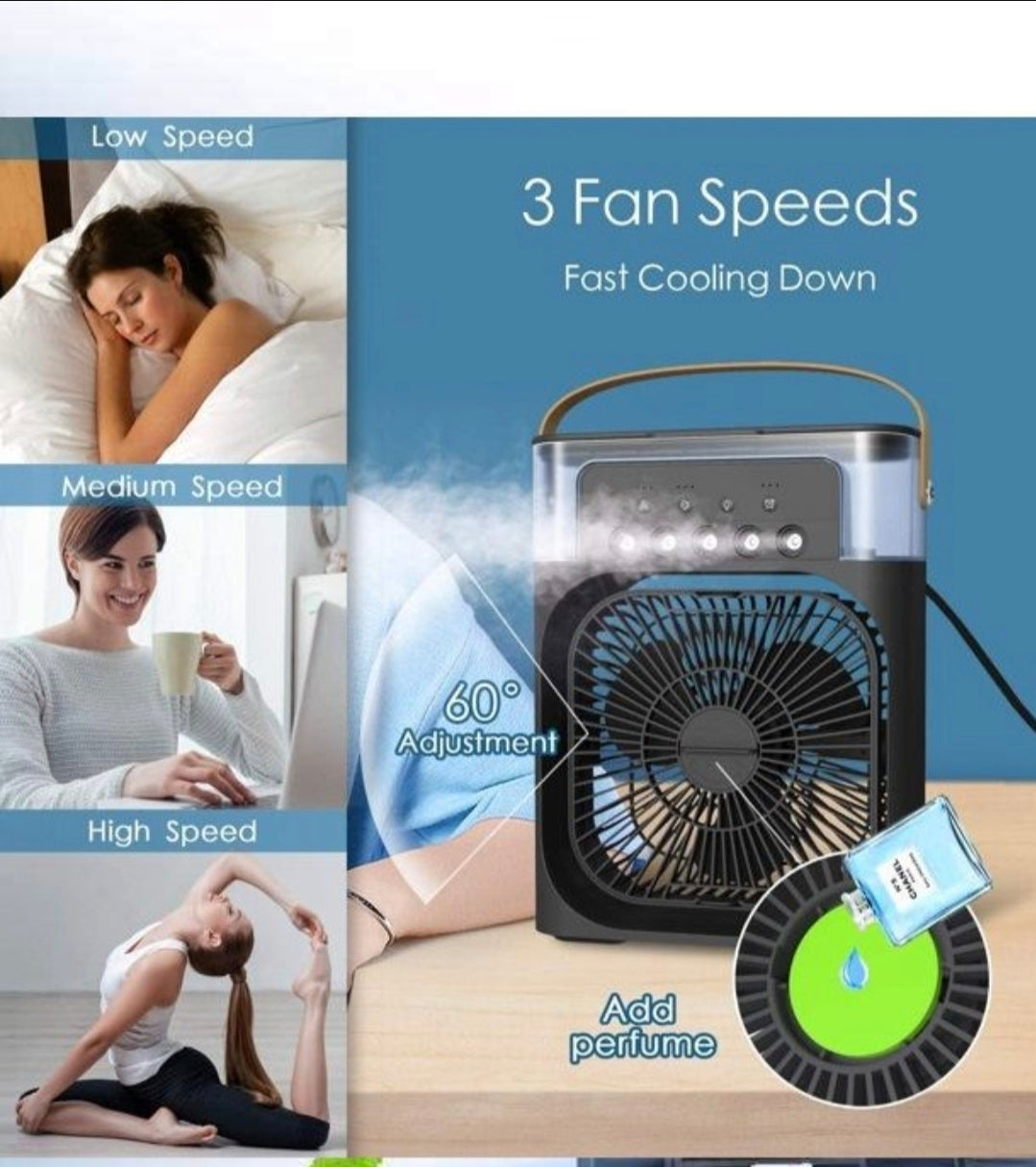Portable fan with 3 speed settings and perfume addition feature, shown with people using it.
