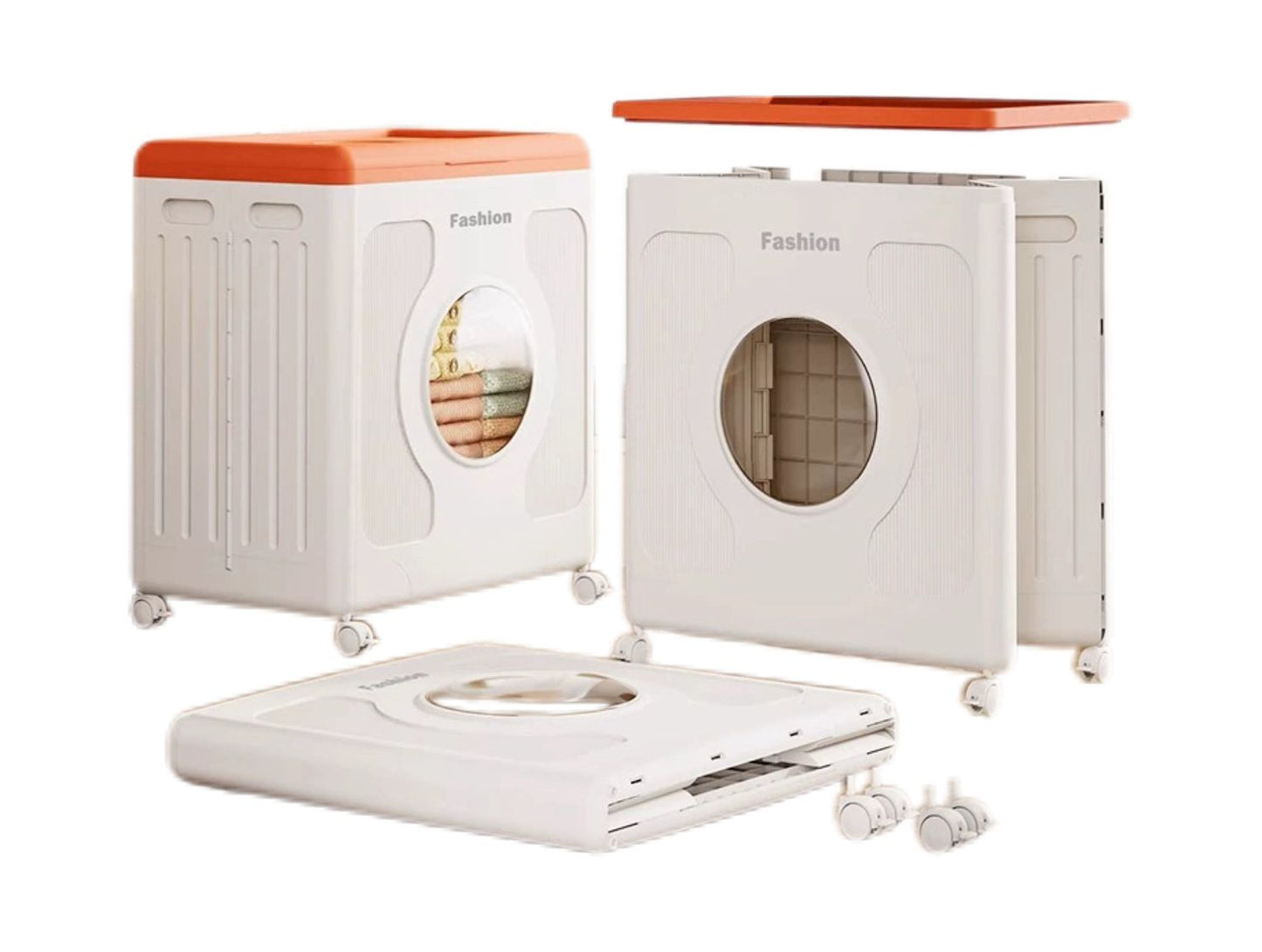 White and orange portable clothing dryer with wheels on a white background