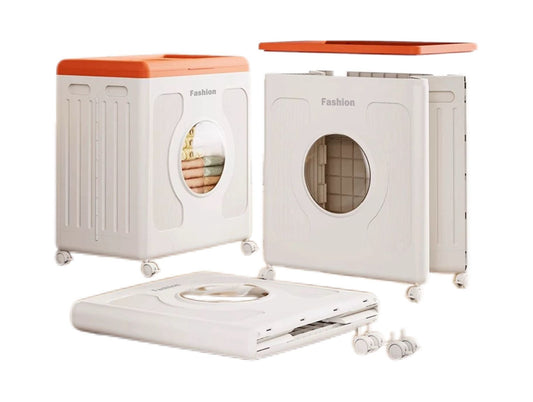 White and orange portable clothing dryer with wheels on a white background