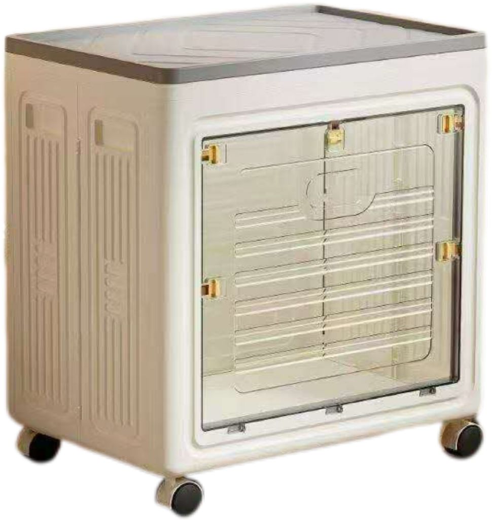 Beige pet carrier with transparent front panel on a white background