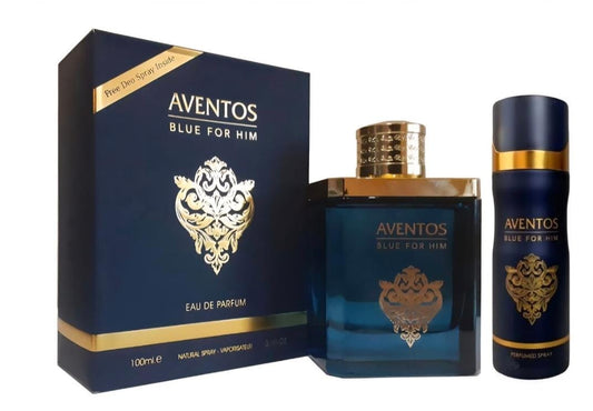 Aventos Blue for Him perfume set with bottle and packaging on a white background