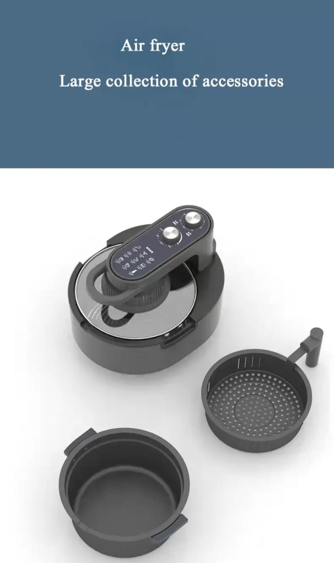 Air fryer with various accessories on a white background