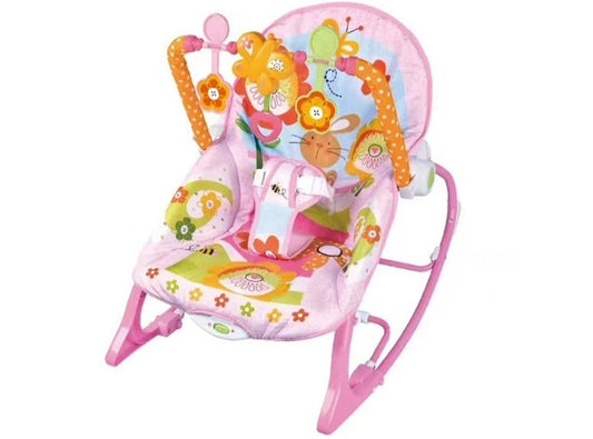 Colorful baby bouncer with floral and butterfly design on a white background