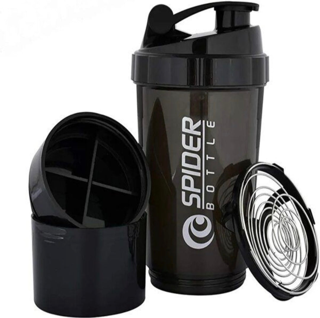 Black Spider Bottle with open lid and mesh whisk on a white background