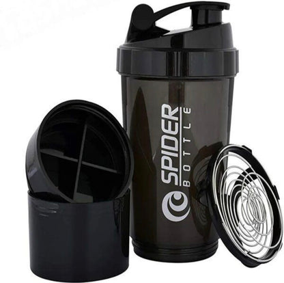 Black Spider Bottle with open lid and mesh whisk on a white background