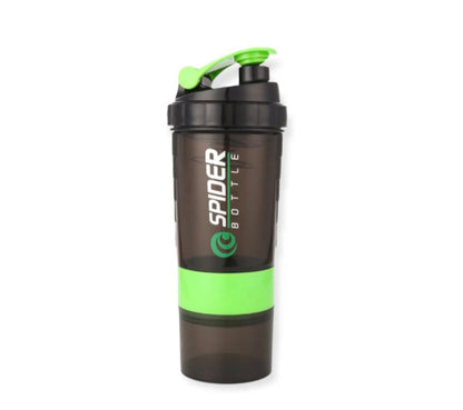 Black and green shaker bottle with 'Spider Bottle' branding on a white background
