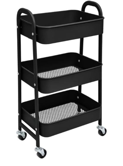Black three-tier utility cart with wheels on a white background