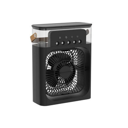 Black portable fan with control panel on a white background