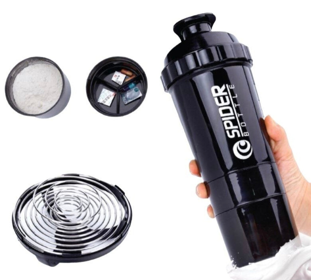 Black shaker bottle with attachments on a white background
