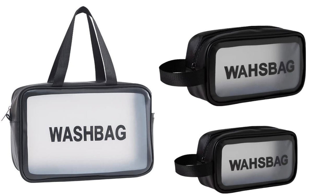 Three washbags with 'WAHSBAG' branding on a white background