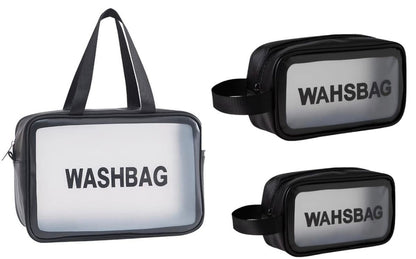 Three washbags with 'WAHSBAG' branding on a white background