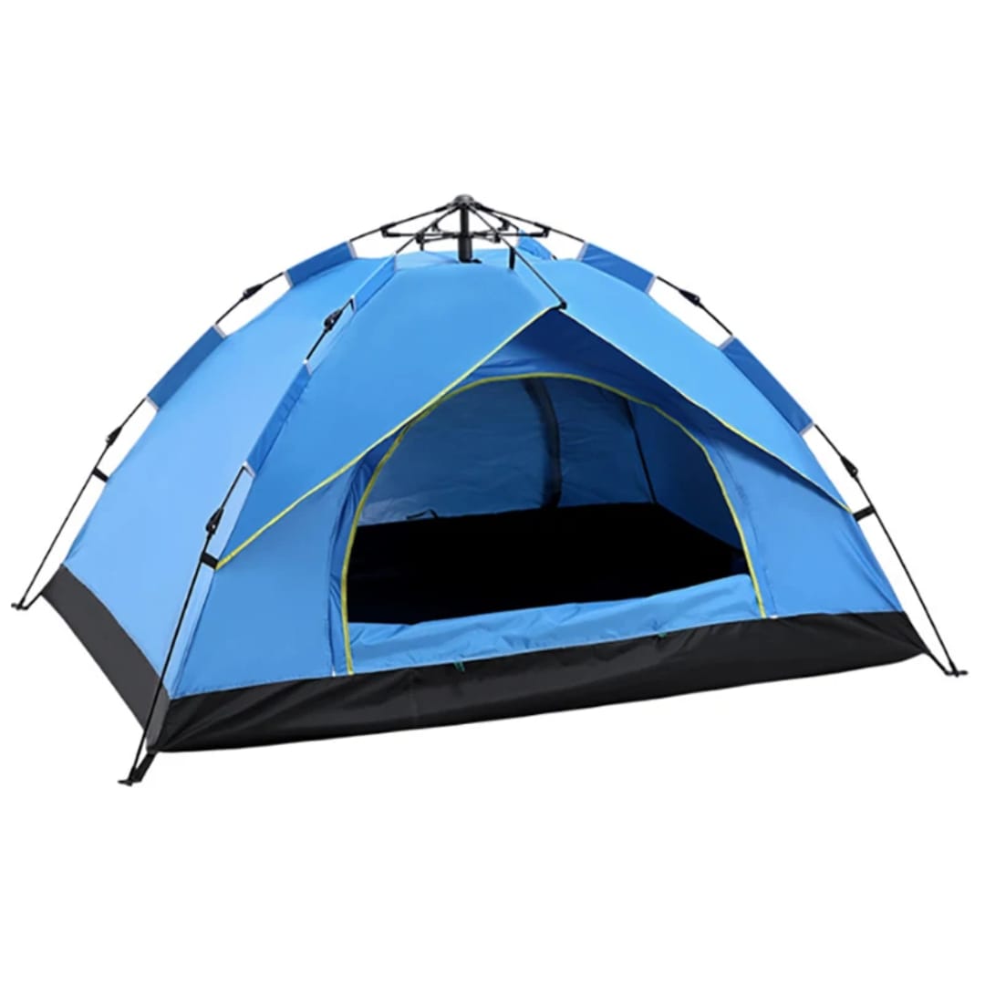 Blue camping tent with black trim on a white background