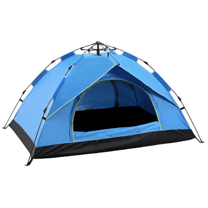 Blue camping tent with black trim on a white background
