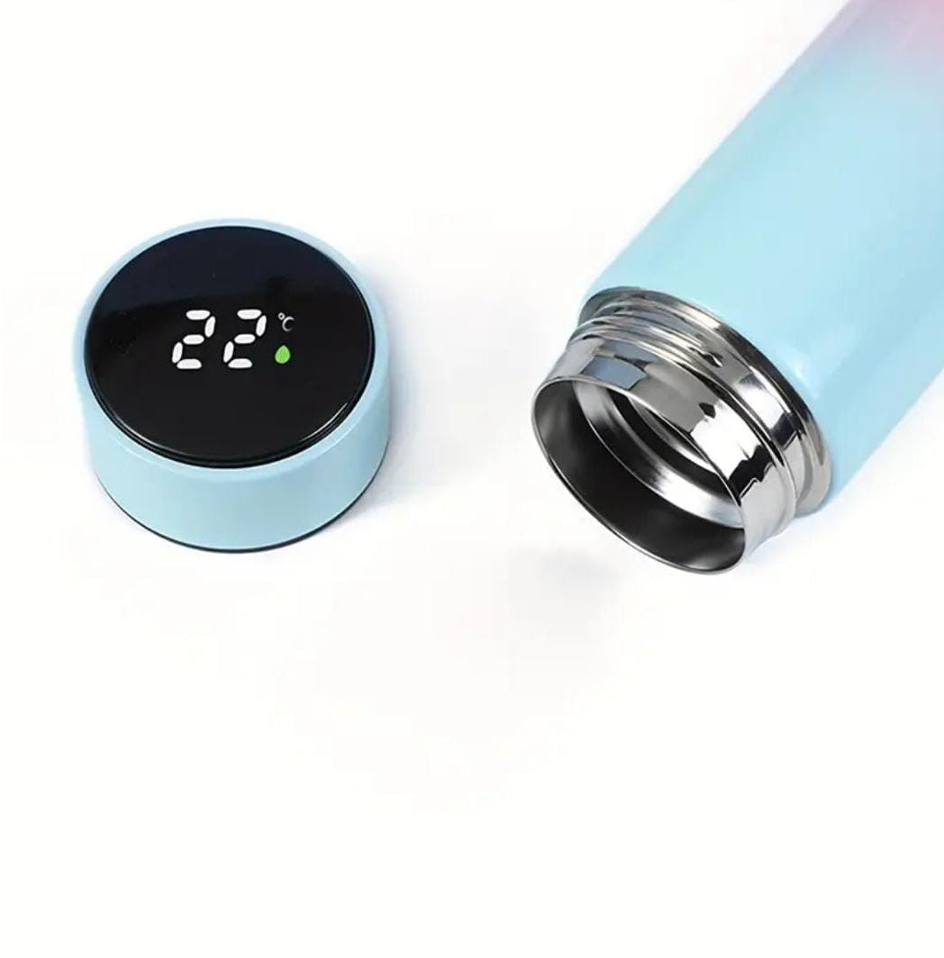 Light blue thermos with digital temperature display on a white background