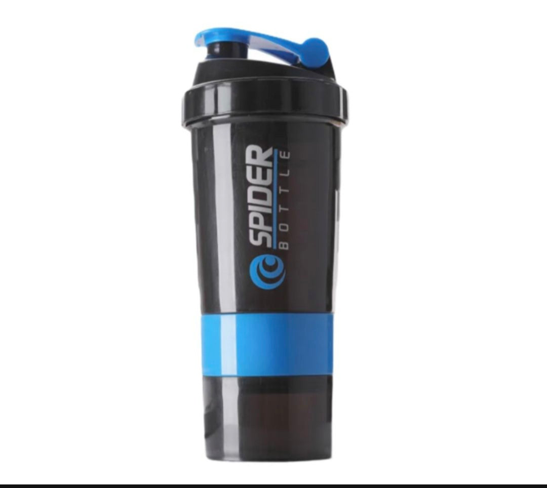 Black and blue shaker bottle with 'Spider Bottle' branding on a white background