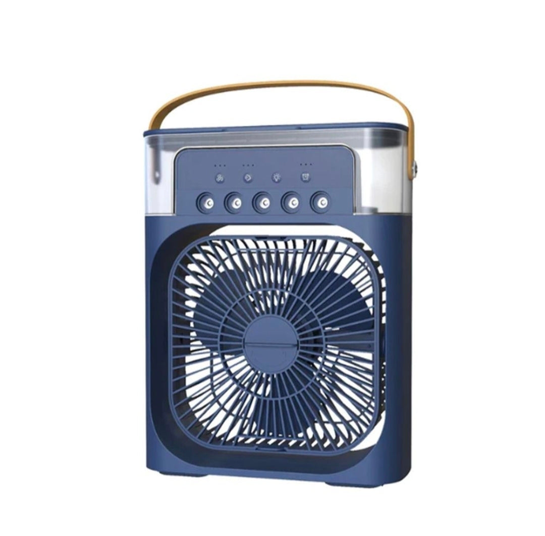 Portable fan with a blue casing and gold handle on a white background
