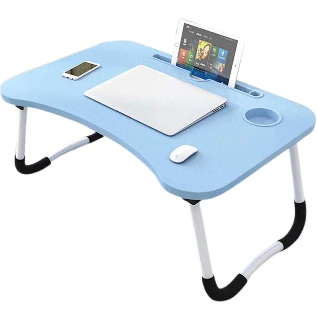 Portable blue desk with electronic devices on a white background