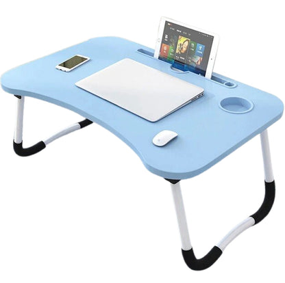 Portable blue desk with electronic devices on a white background