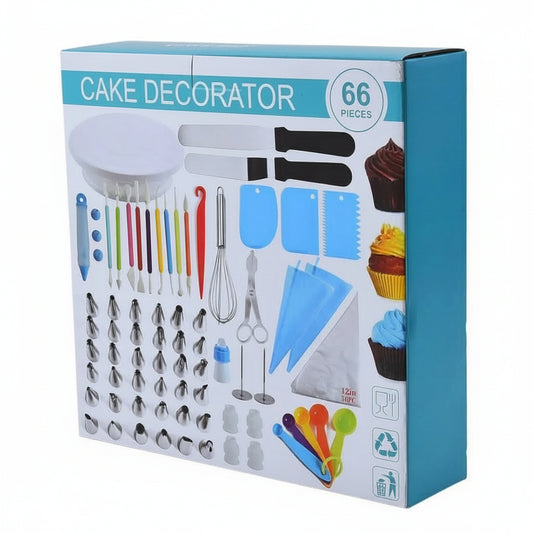 Box of cake decorating tools with various utensils on a white background