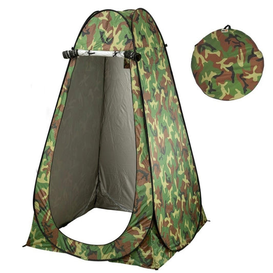 Camouflage-patterned pop-up tent with a smaller inset image of the same design.