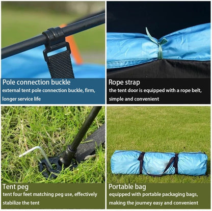 Collage of tent components including pole connection buckle, rope strap, tent peg, and portable bag on grass.