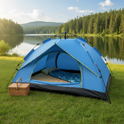 Blue camping tent with a mattress and picnic basket near a lake and forest