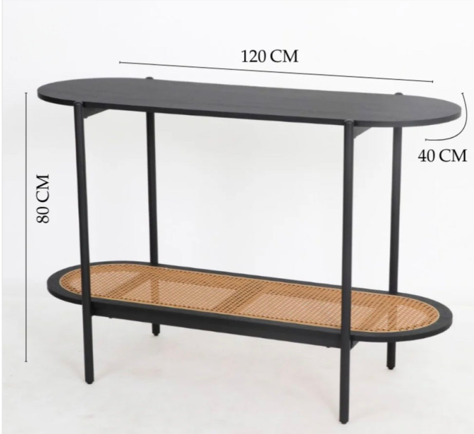 Black console table with dimensions on a white background