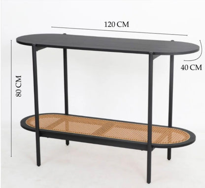 Black console table with dimensions on a white background